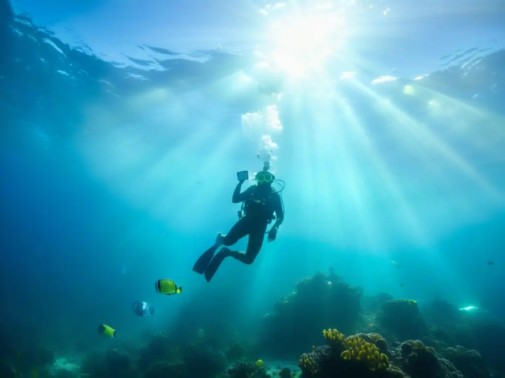 Narrativa visual videografía submarina: Renombrados cineastas submarinos capturando la belleza del océano, iluminados por la luz solar filtrada