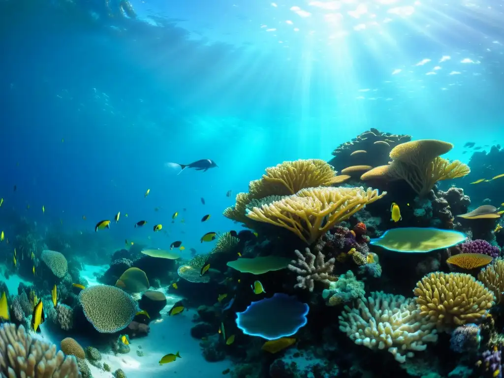 Una narrativa visual de videografía submarina, con un vibrante arrecife de coral repleto de peces coloridos y vida marina