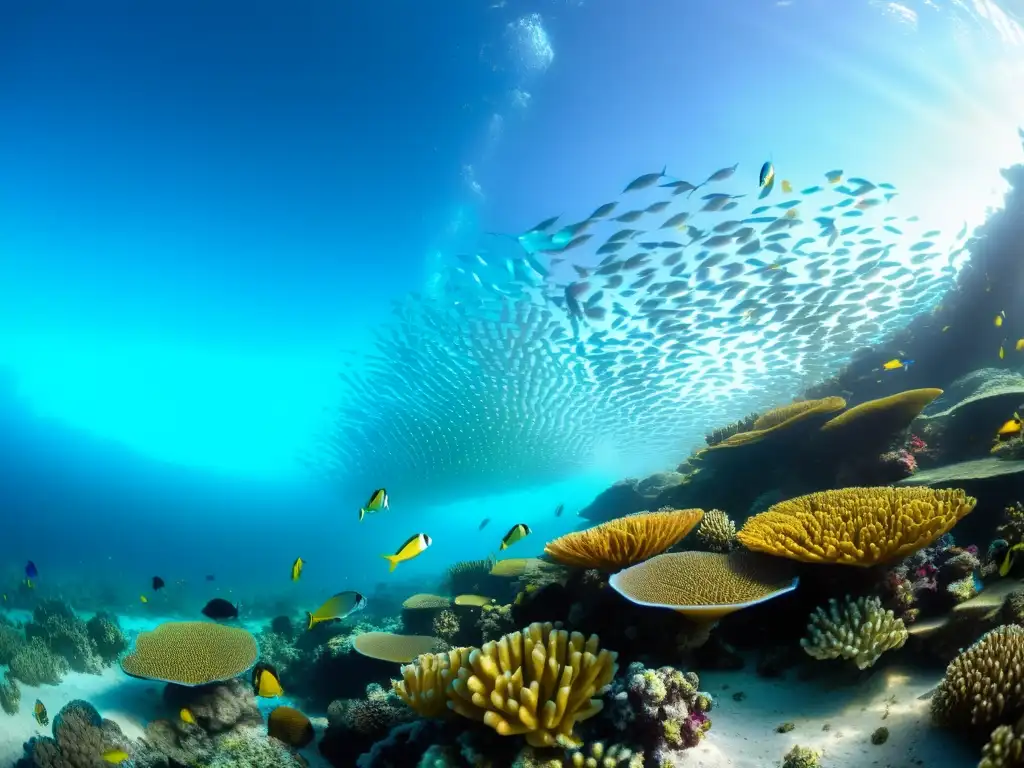 Narrativa visual videografía submarina: Un vibrante arrecife de coral lleno de peces tropicales y vida marina, con detalles y patrones impresionantes