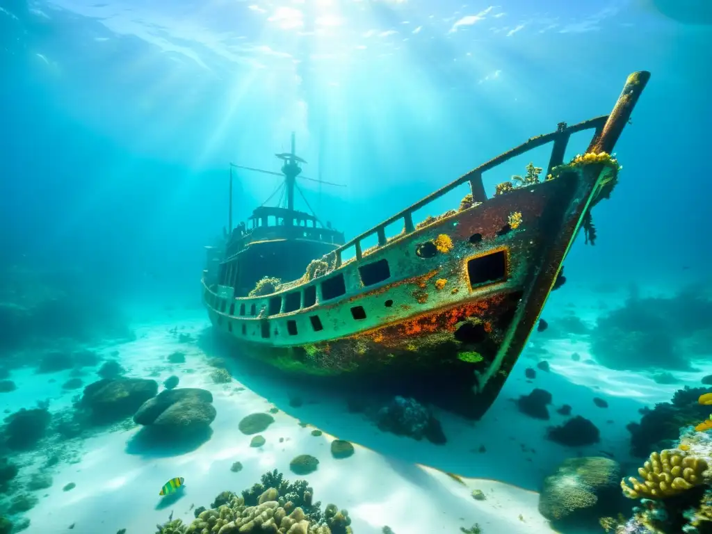 Exploración marina en el Caribe: naufragio de un barco pirata rodeado de corales y vida marina, bañado por la luz del sol