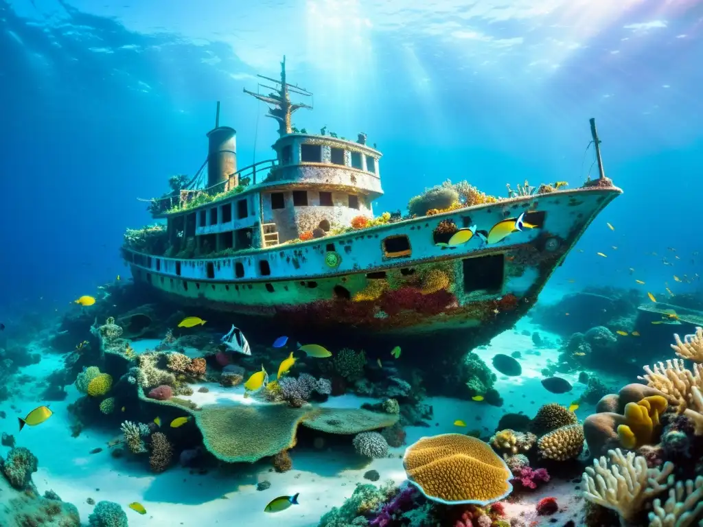 Un naufragio cubierto de coral y vida marina, con peces, tortugas y anémonas