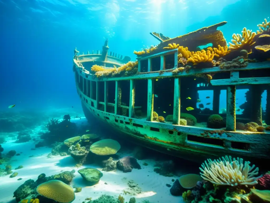 Un naufragio sumergido en el lecho marino, rodeado de arrecifes de coral vibrantes y rebosante de vida marina