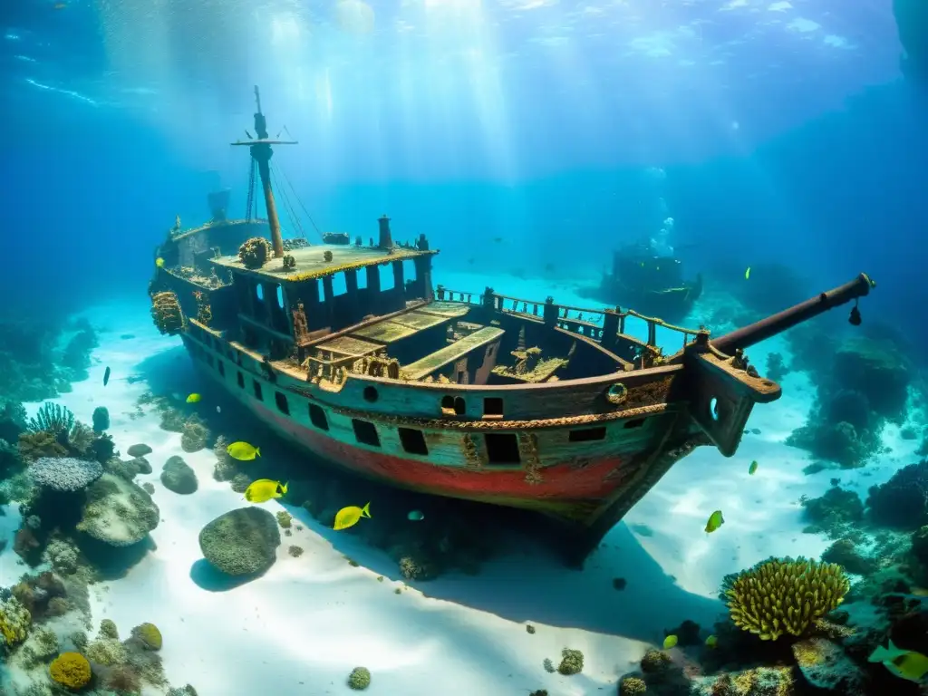 Exploración marina en naufragios olvidados: galeón español cubierto de coral y rodeado de peces tropicales en el fondo del mar