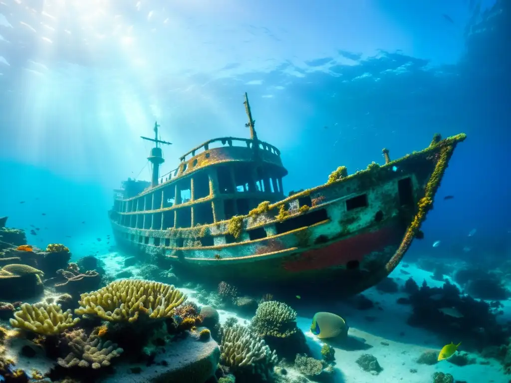 Una nave antigua cubierta de coral vibrante y rodeada de peces, evocando la atmósfera de los grandes clásicos literatura marina