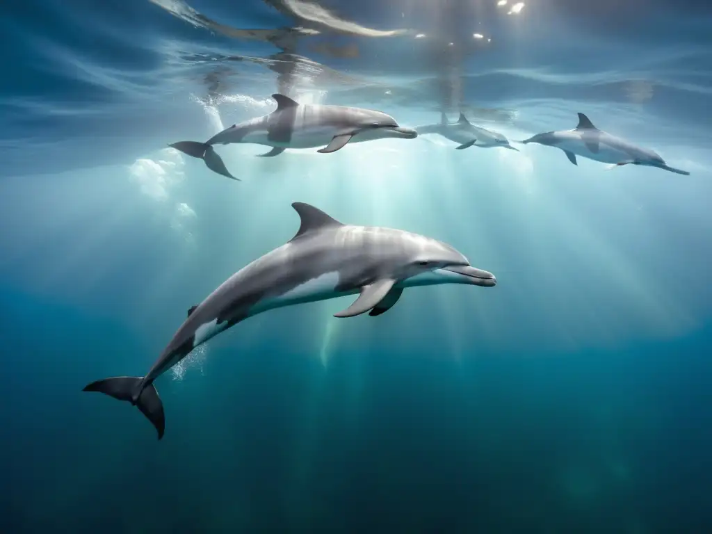 Navegación de delfines en las oscuras aguas del océano, creando una escena misteriosa y cautivadora