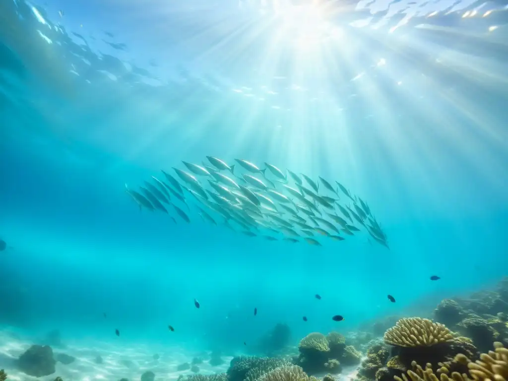 Navegación y migración vida marina: Cardumen plateado nadando entre aguas turquesa, iluminados por el sol en un arrecife de coral