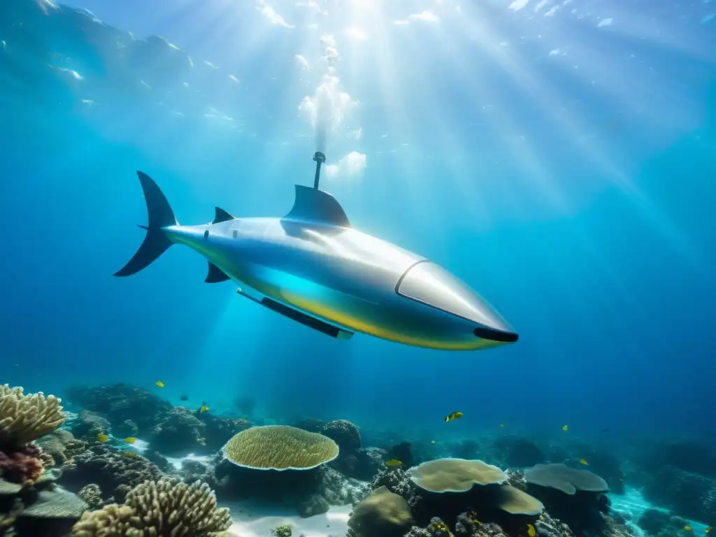 Una Navegación Subacuática Autónoma se desliza elegantemente entre aguas cristalinas, rodeada de peces y coloridos corales