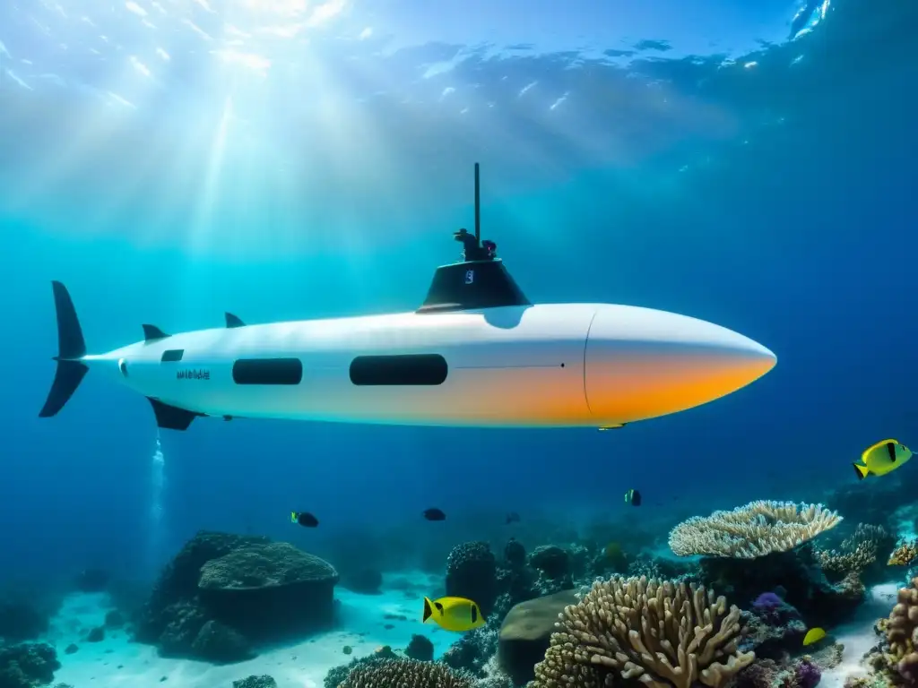 Una Navegación Subacuática Autónoma se desliza elegantemente entre arrecifes de coral vibrantes, rodeada de vida marina colorida en aguas cristalinas