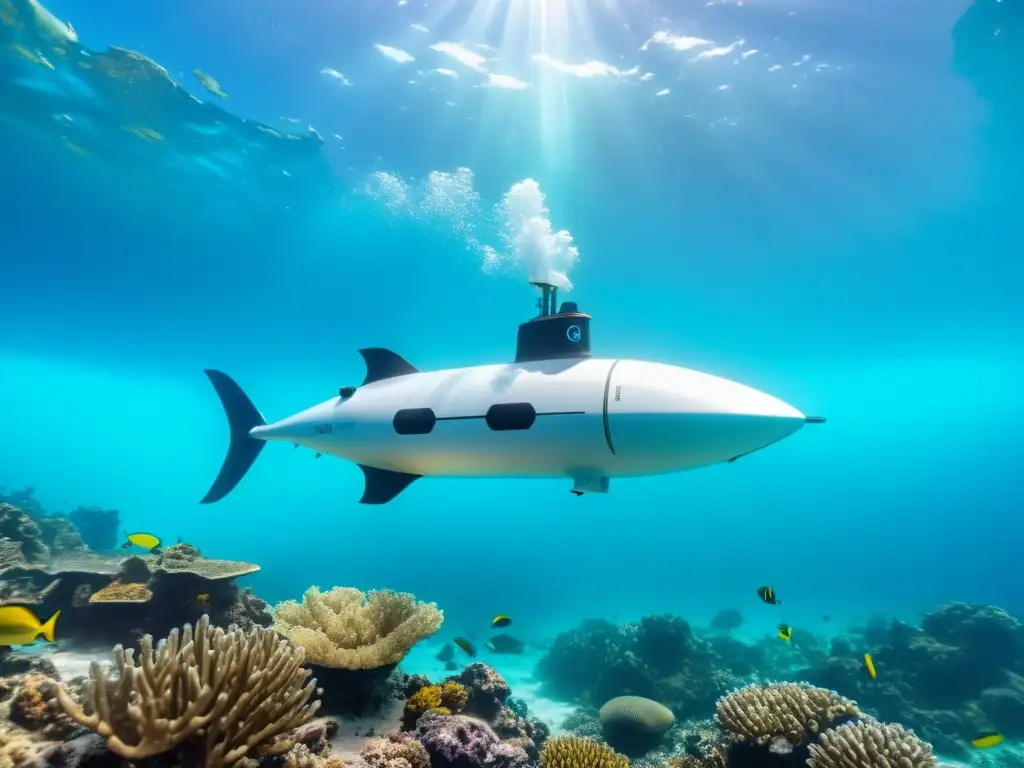 Navegación Subacuática Autónoma en un entorno marino vibrante y cristalino, rodeada de arrecifes de coral y peces de colores