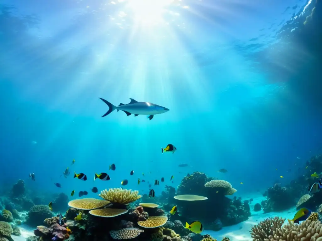 Navegación subacuática autónoma: Maravilloso arrecife de coral con peces de colores y vida marina, bañado por la luz del sol