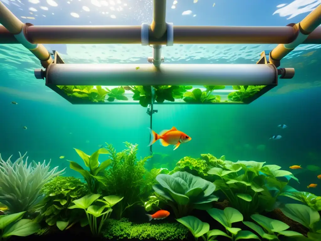 Acuaponía como negocio sostenible: una escena submarina vibrante, con plantas verdes y peces coloridos en un sistema próspero y simbiótico