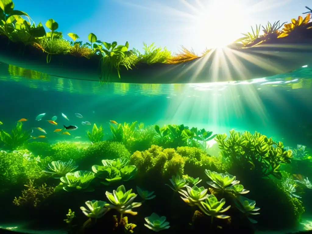 Acuaponía como negocio sostenible: una imagen submarina muestra un vibrante sistema acuapónico con plantas y peces coloridos, evocando armonía y belleza natural