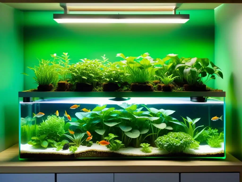 Acuaponía como negocio sostenible: Sistema bullicioso con plantas verdes flotando y peces nadando entre las raíces, creando un equilibrio natural