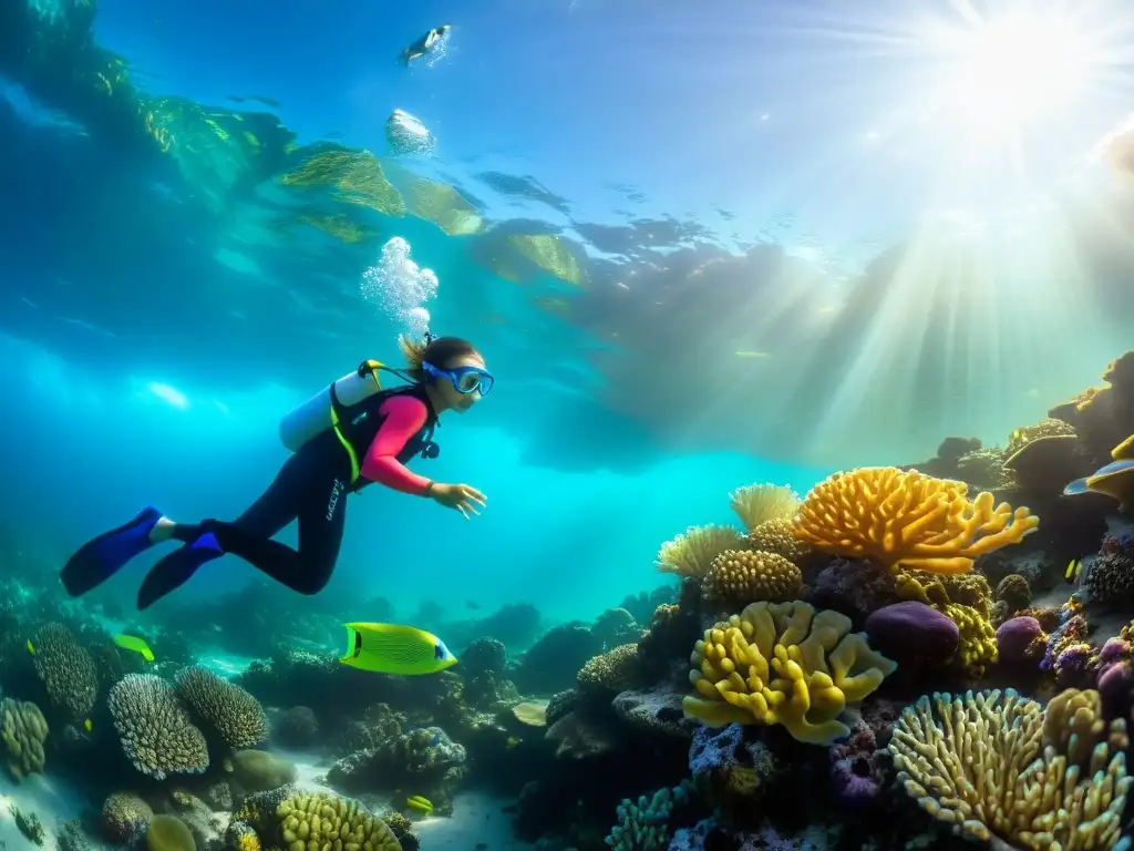 Un niño disfruta de la exploración submarina, nadando junto a un arrecife de coral vibrante y diversa vida marina