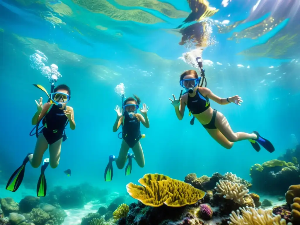 Niños explorando un arrecife de coral, llenos de asombro y emoción en programas de verano para niños apasionados por el mar