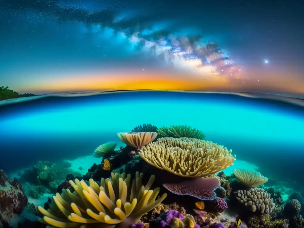 Fotografía nocturna vida marina: Coral bioluminiscente, peces coloridos y fotógrafo submarino capturando la magia de la noche en el arrecife