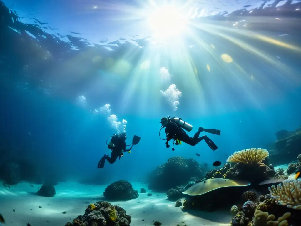 Una inmersión nocturna deslumbrante con vida marina iluminada por antorchas de buceo, creando un espectáculo de colores y sombras