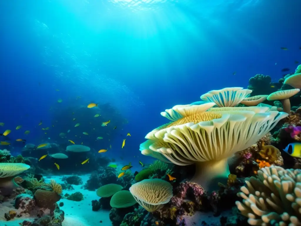 Fotografía nocturna vida marina océano: Coral vibrante, peces fosforescentes y vida marina en arrecife iluminado por bioluminiscencia