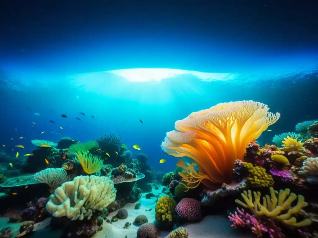 Fotografía nocturna vida marina: Un arrecife de coral vibrante iluminado por plancton bioluminiscente en una escena submarina misteriosa y fascinante