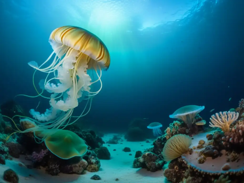 Fotografía nocturna vida marina: Espectacular escena submarina nocturna con organismos bioluminiscentes iluminando las profundidades del océano