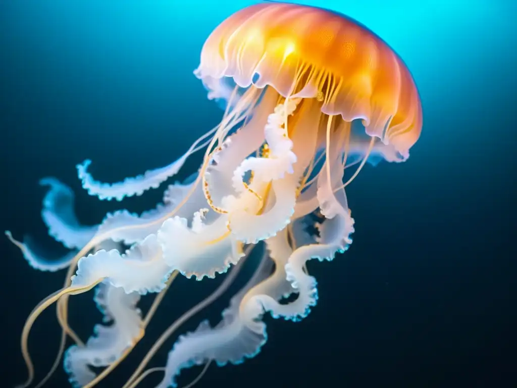 Fotografía nocturna vida marina: Increíble imagen de una medusa bioluminiscente iluminando las profundidades del océano con su brillo azul etéreo