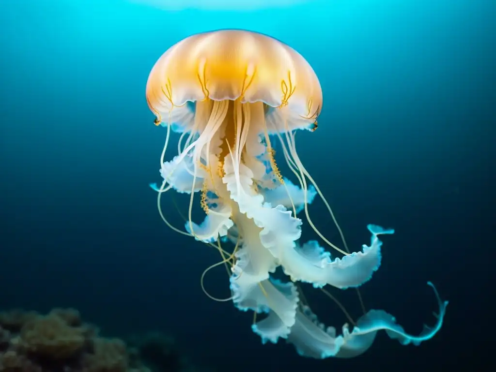 Una fotografía nocturna de la vida marina en el océano: una medusa bioluminiscente, iluminada con suave luz azul, flotando delicadamente en la oscuridad, con sus detallados tentáculos y campana translúcida capturados en una impresionante claridad