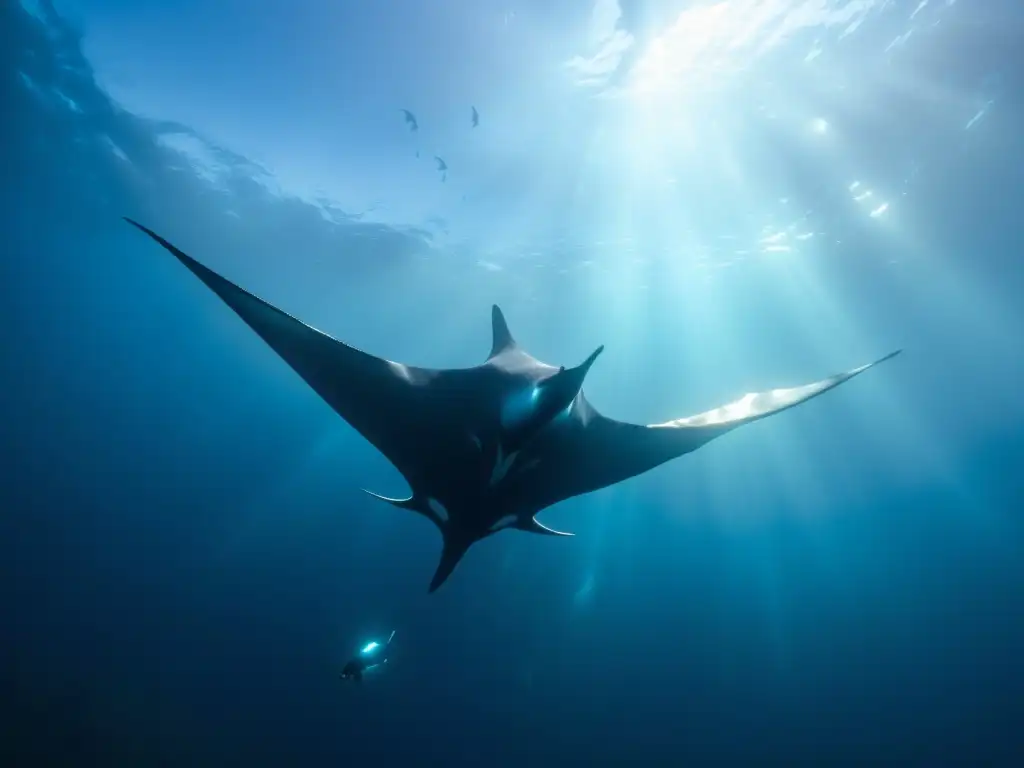 Fotografía nocturna de vida marina en el océano con criaturas bioluminiscentes y una majestuosa manta ray