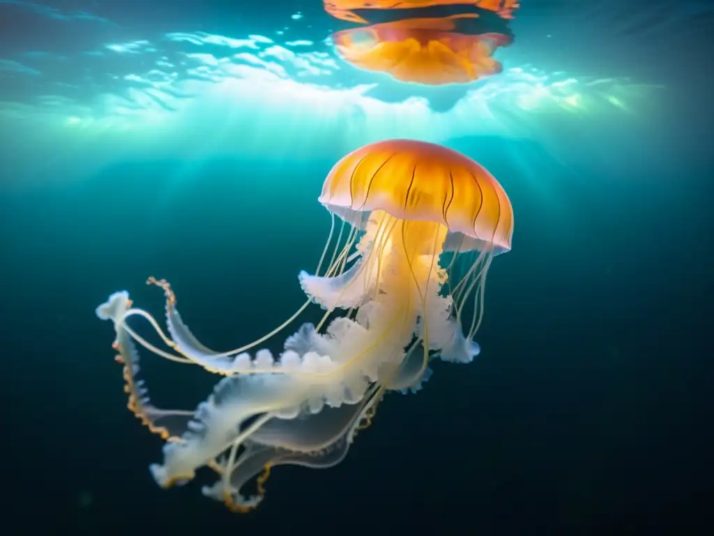 Fotografía nocturna de vida marina en el océano: impresionante imagen de una medusa bioluminiscente iluminando las profundidades marinas