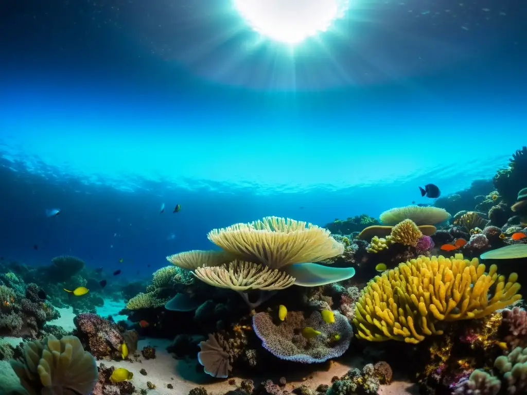 Fotografía nocturna de la vida marina en un vibrante arrecife de coral iluminado por criaturas bioluminiscentes y la suave luz de la luna