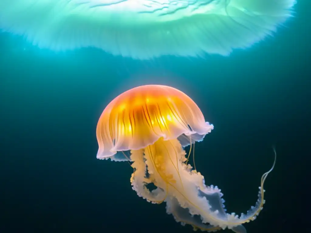 Una fotografía nocturna de vida marina: una medusa bioluminiscente irradia su resplandor etéreo en las profundidades misteriosas del océano, creando una escena fascinante y cautivadora