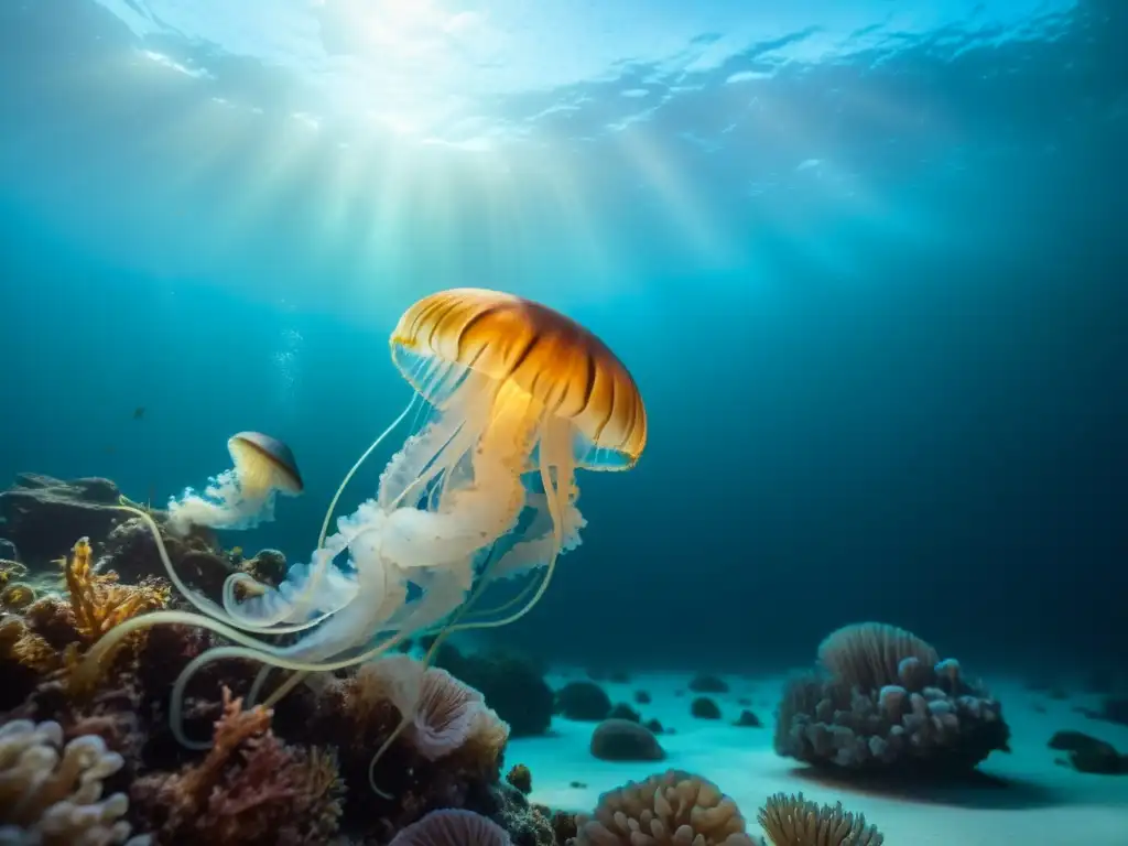 Una fotografía nocturna de vida marina muestra un mundo submarino bioluminiscente y misterioso con criaturas brillantes en la oscuridad