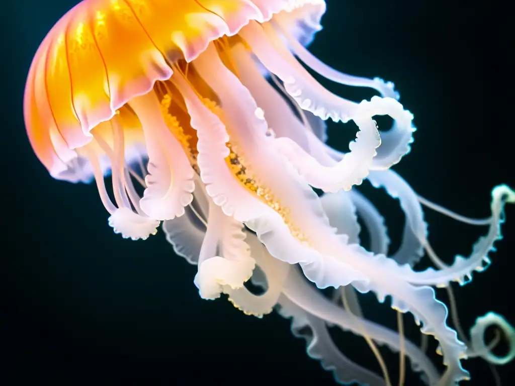 Jellyfish bioluminiscente: belleza en las profundidades Una nueva especie abisal descubierta en 2023: Una medusa bioluminiscente flotando en las profundidades del océano, iluminando su entorno con un resplandor etéreo
