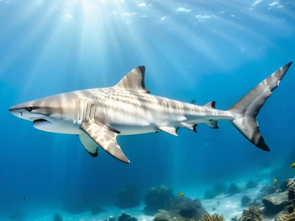 Nueva especie de tiburón plateado nada elegantemente entre arrecifes de coral y vida marina, bajo el resplandor del sol en el océano
