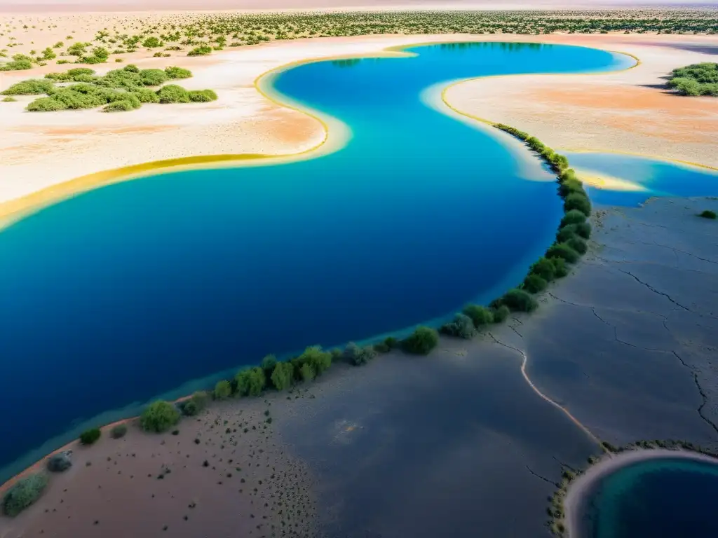 Un oasis reluciente destaca en un paisaje árido y agrietado