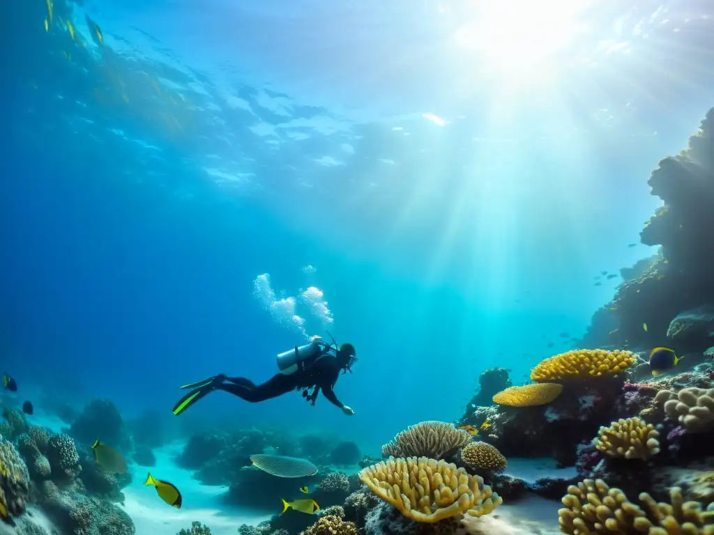 Un oasis submarino sereno y vibrante, con un buzo meditando en una pose de yoga entre arrecifes de coral coloridos