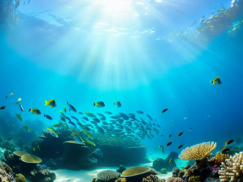 Exploración submarina oceánica: Un arrecife de coral vibrante con peces tropicales coloridos, bañado por la luz del sol en el agua cristalina