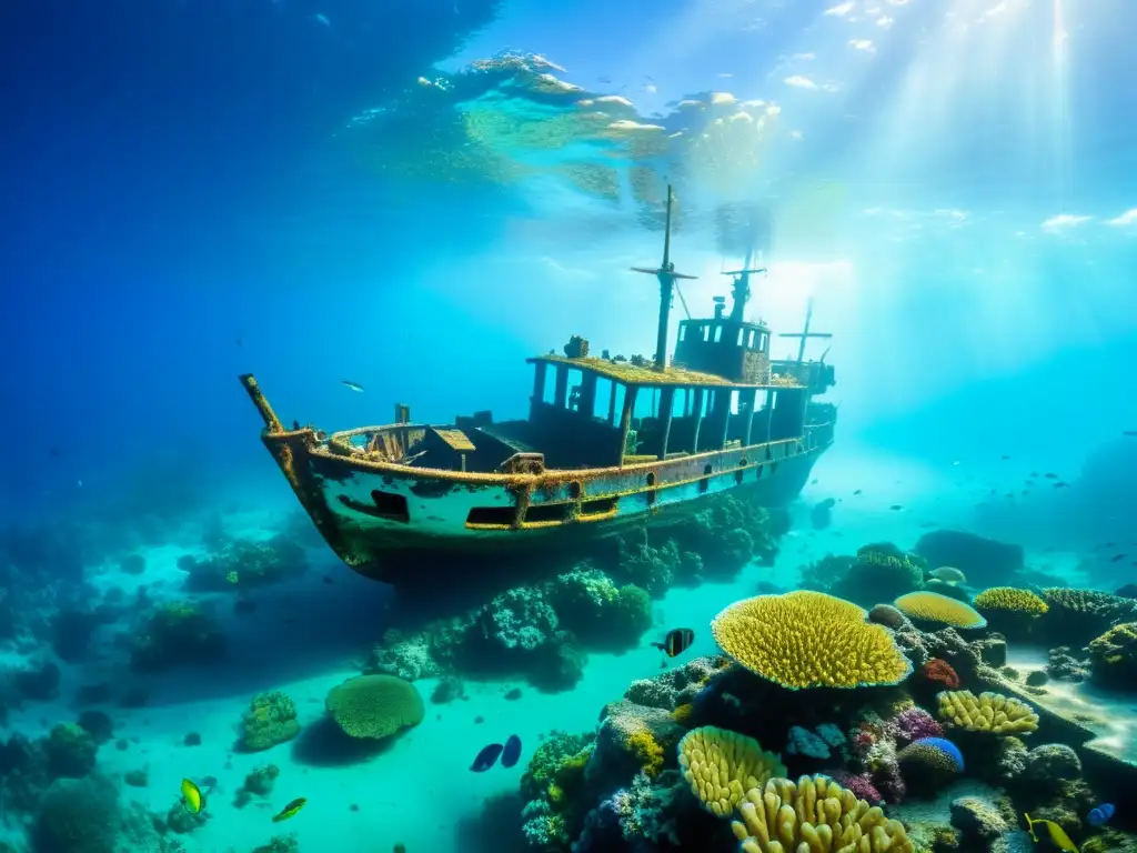 Exploración oceánica: Emocionante naufragio rodeado de arrecifes de coral y vida marina vibrante en aguas cristalinas