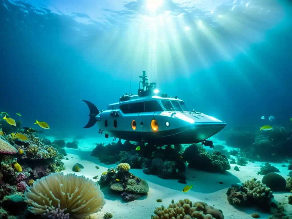 Exploración oceánica en un vehículo submarino rodeado de vida marina y bioluminiscencia