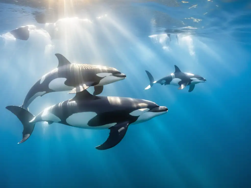 Pod de orcas nadando grácilmente en aguas cristalinas y soleadas, mostrando su comportamiento social de las orcas en su entorno natural