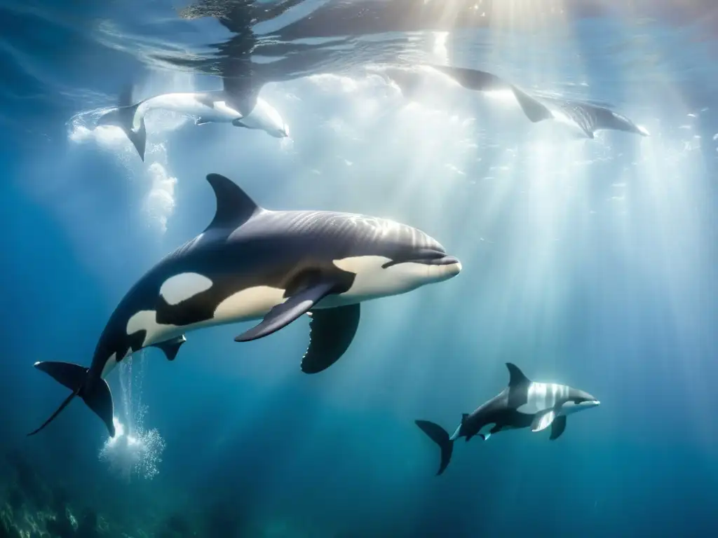 Pod de orcas nadando con gracia en aguas cristalinas, rodeadas de vida marina