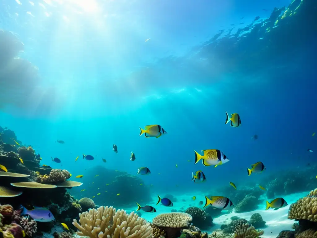 Un pacífico paisaje submarino con un arrecife de coral vibrante y peces coloridos