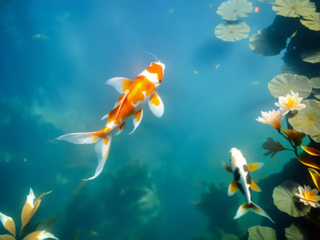 Un paisaje acuático cautivador con una escuela vibrante de peces koi de colores brillantes entre plantas acuáticas