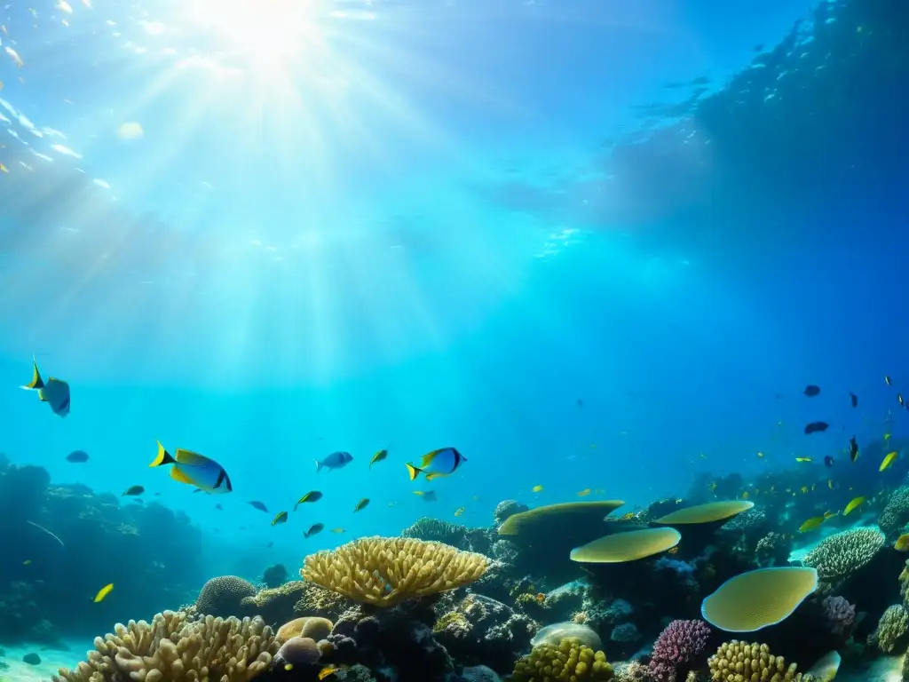 Un paisaje marino con arrecifes de coral, peces coloridos y aguas cristalinas