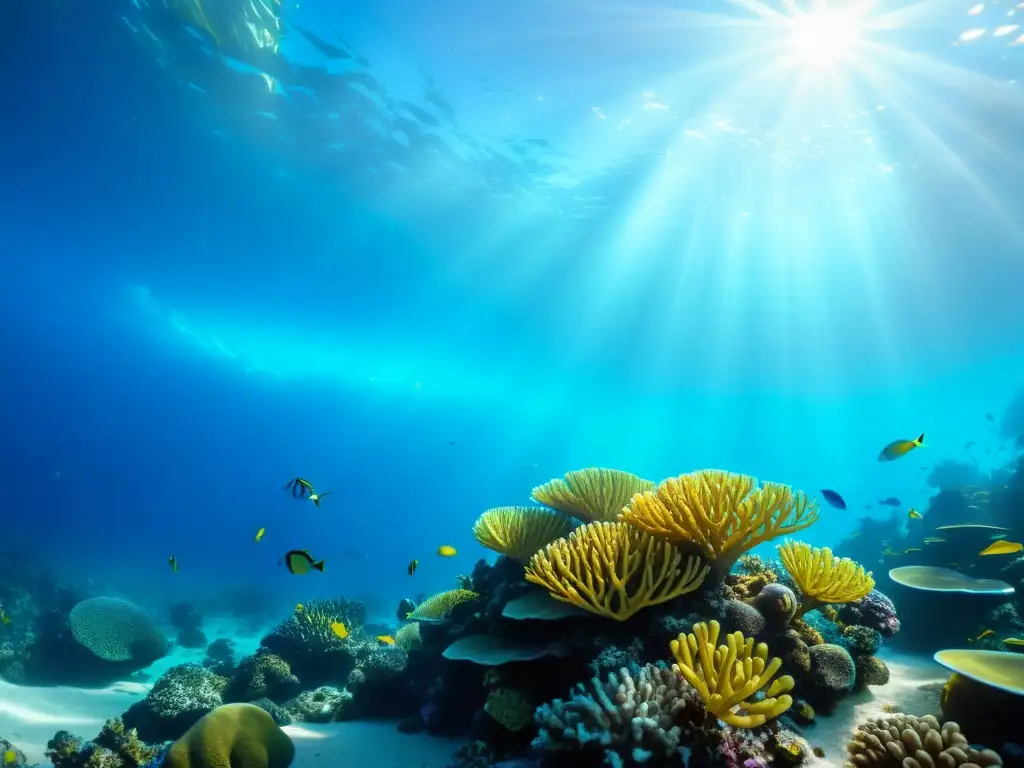 Un paisaje marino perfecto con rocas vivas: un arrecife de coral vibrante lleno de peces coloridos, plantas marinas y agua azul cristalina