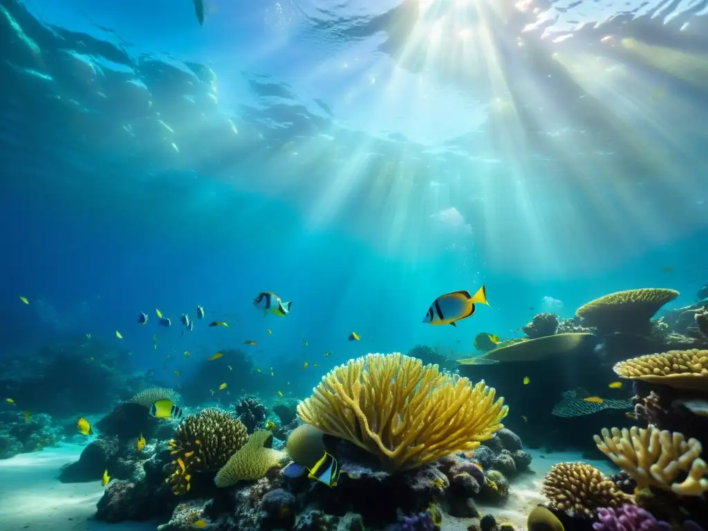 Un paisaje submarino cautivador con un vibrante arrecife de coral y vida marina diversa, iluminado por la luz solar