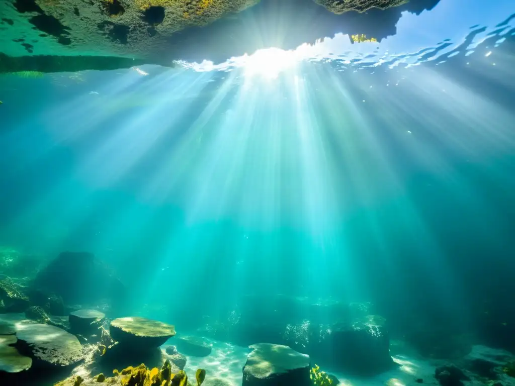 Un paisaje submarino de un cenote: agua cristalina, rayos de sol, vida acuática y formaciones rocosas