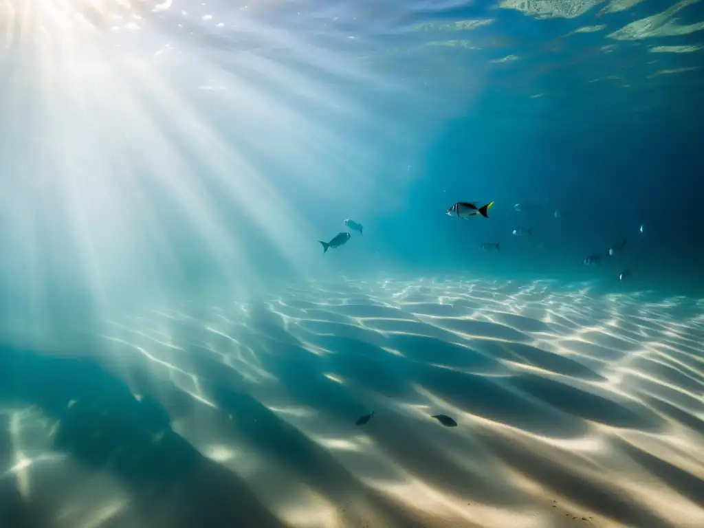 Un paisaje submarino con efectos de sombras, donde una escuela de peces nada entre la luz filtrada