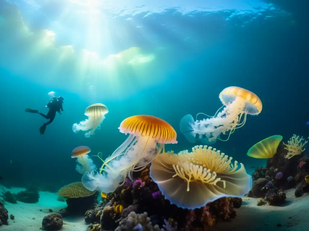 Un paisaje submarino fascinante, iluminado por la bioluminiscencia de criaturas marinas en las zonas abisales