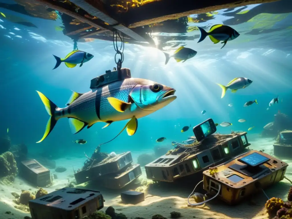 Un paisaje submarino impactante con desechos electrónicos entre un naufragio y peces coloridos