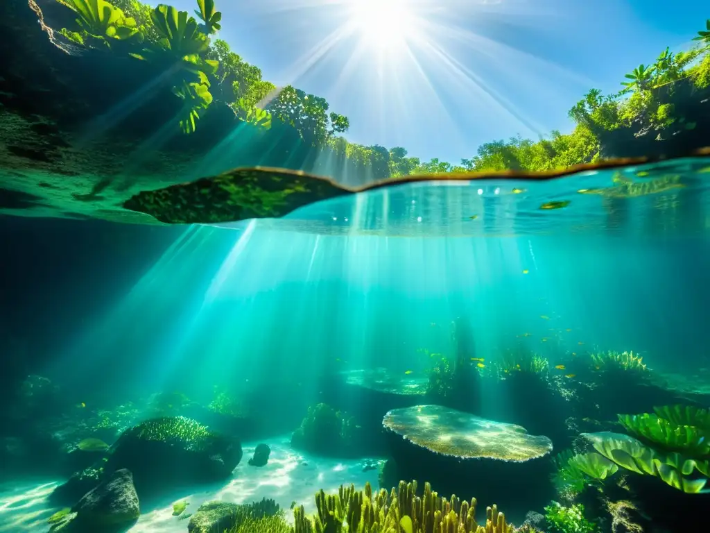 Un paisaje submarino impresionante de un cenote, con aguas turquesa cristalinas, vegetación exuberante y formaciones rocosas